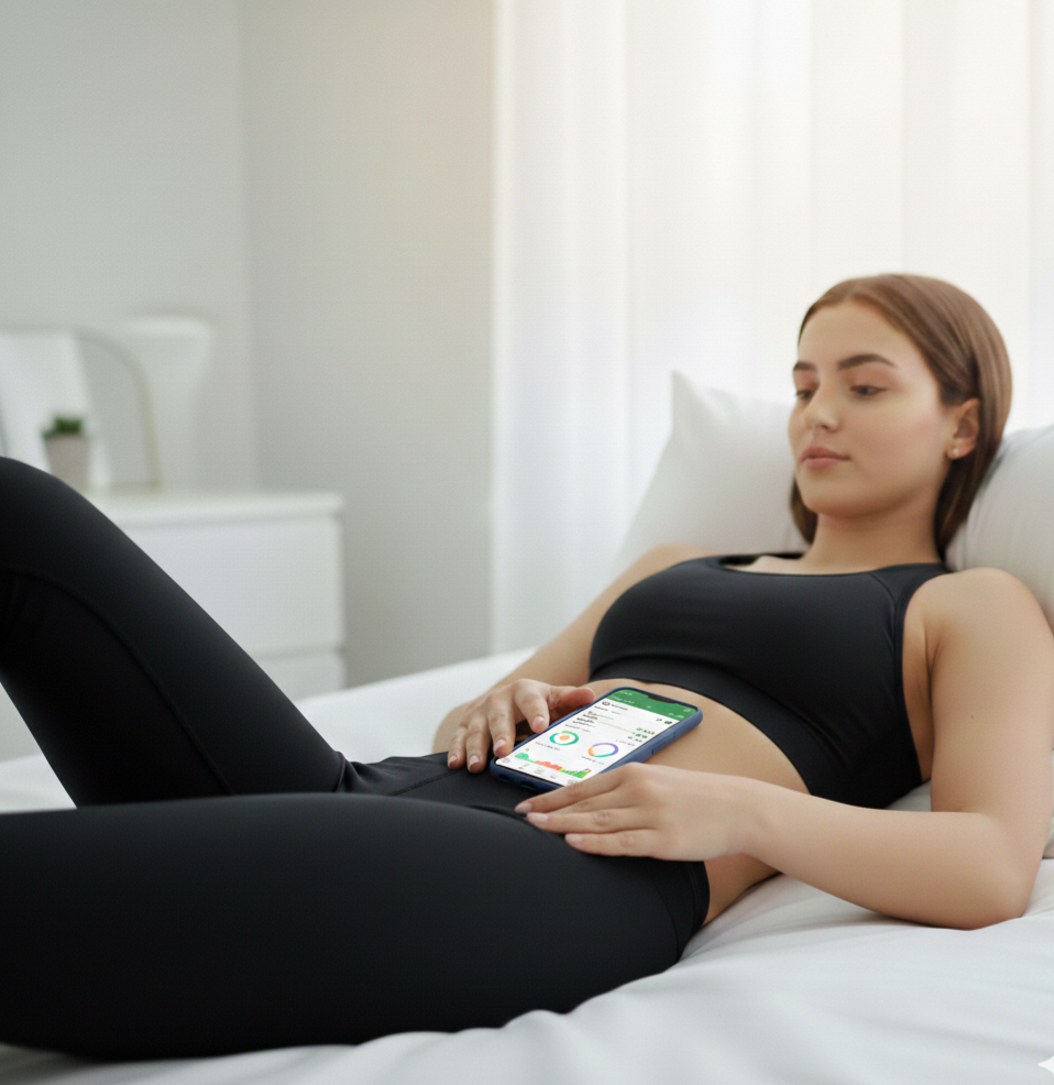 Phone resting on abdomen for gut-brain recording